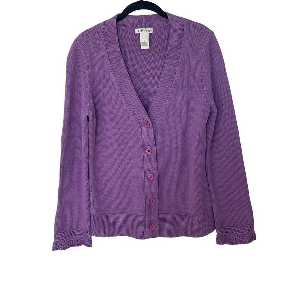Orvis Women's Size Small Purple V-Neck Novelty Stitch Cardigan Sweater Top